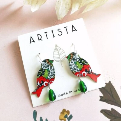 Pendientes Artista Vintage Dibujo Floral Pájaro Verde Lágrima Cuentas Regalo Único Foto 1 de 3