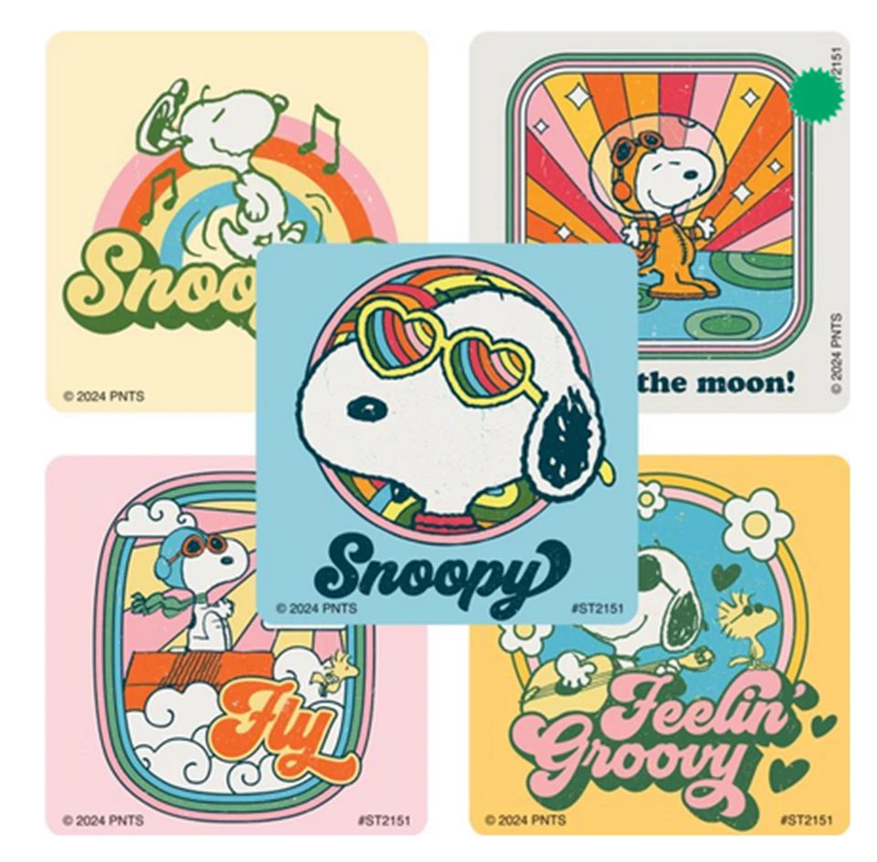 25 (Licensed) Peanuts Snoopy Retro Stickers, 2.5" x 2.5" each, Party Favors - Image 1 of 1