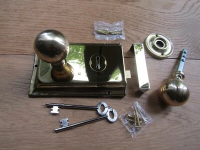 vintage retro POLISHED BRASS door rim knob handle & steel Brass rim lock set - Image 1 of 2