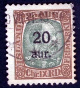 Iceland Scott 132 Overprint 20a on 25a Brown & Green Used F - Picture 1 of 2