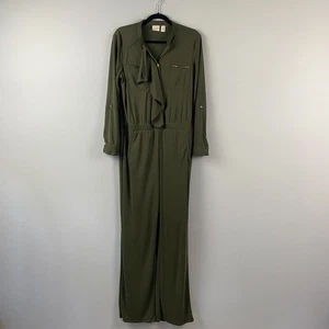 Chicos Ruffled Utility Jumpsuit Size 1 US Medium Green Long Sleeve Pockets - Picture 1 of 11