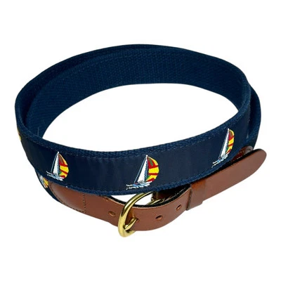 Leather Man Ltd. Blue Sailboat Men's 42 Brown Leather Belt Essex, CT Embroidered - Image 1 of 4