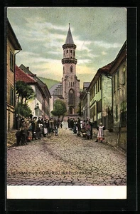 Neustadt /S. Coburg, Kirchstraße mit Passanten und Kirche, Ansichtskarte 1907  - Picture 1 of 2
