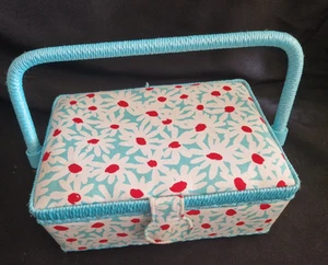 9” Sewing Basket Fabric Wicker Retro Sewing Material Print Wicker Handle - Picture 1 of 7