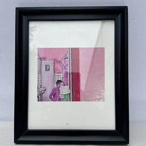 Impresión de arte pop enmarcada vintage - escena de baño rosa única - Imagen 1 de 5