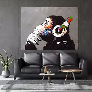 Banksy DJ Monkey, Gorilla Chimp Canvas Wall Art, Banksy Thinking Monkey, Headpho - Picture 1 of 10