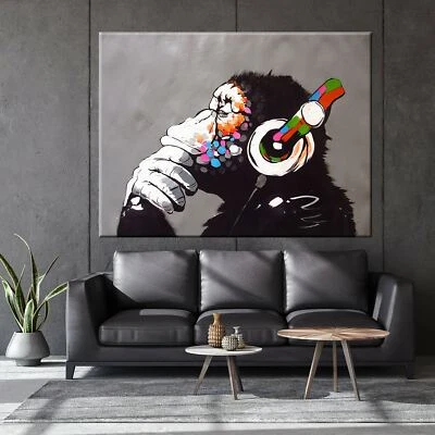 Banksy DJ Monkey, Gorilla Chimp Canvas Wall Art, Banksy Thinking Monkey, Headpho - Image 1 of 4