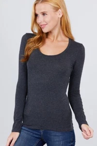 Women's Round Neck Long Sleeve T Shirt Basic Stretch Cotton Top US Slim Fit - Picture 1 of 60