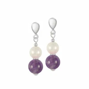 Duet Amethyst & Shell Pearl Silver Tone Drop Clip On Earrings - Picture 1 of 2
