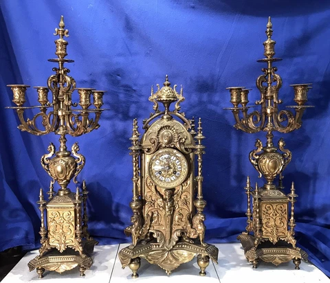 19th VINTAGE ANTIQUE TIFFANY & CO FRENCH SET FIGURAL GILT BRONZE,STRIKE CLOCK Cover