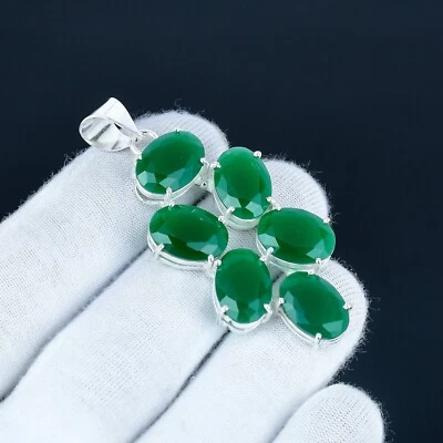 Smaragd Lab- Hergestellt Edelstein Handgemacht 925 Sterlingsilber Ethno Anhänger - Bild 1 von 4