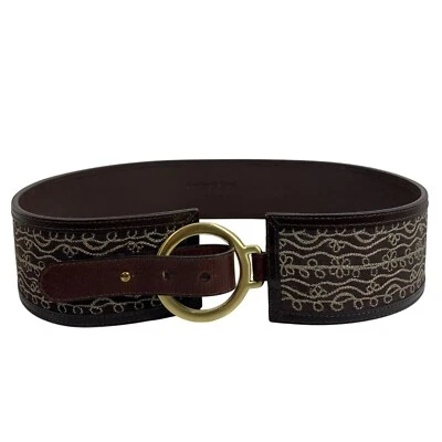 Cinturón Coldwater Creek Ancho Cuero Bordado Cadera Occidental Tono Dorado Anillo Hebilla Foto 1 de 4