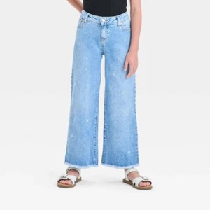 NWT Girls' Mid-Rise Floral Embroidery Wide Leg Jeans - Cat & Jack Light Wash 8 - Picture 1 of 1