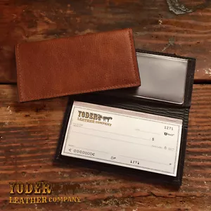 La funda de chequera de cuero Amish hecha a mano viene en marrón o negro - Imagen 1 de 6