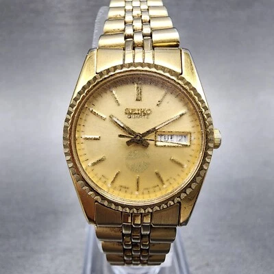 Seiko Watch Women 24mm Gold Dial Gold Tone Daydate Round 7N83-0041 New Battery - Image 1 of 4