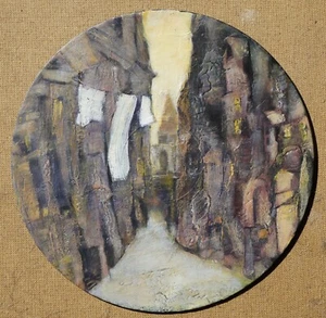 Oil painting original mixed media on modern record Old town 30 cm Dora Pilssala - Picture 1 of 3
