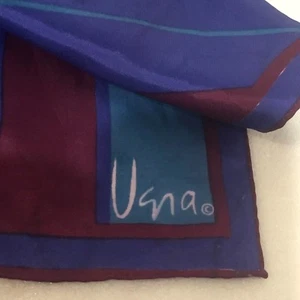 Scarves by VERA Teal Plum Blue Block Print ACETATE Japan 15x44 - Picture 1 of 3