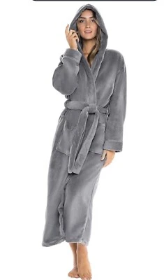 NWT Alexander Del Rossa Long Hooded Fleece Soft Bathrobe S/M Gray Robe Women's - Image 1 of 4