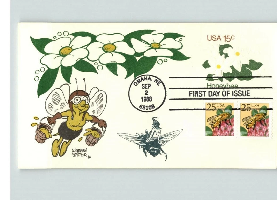 The HONEY BEE, Cartoon Bee, 1988 First Day of Issue on Stamped envelope w/ Honey - Image 1 of 1