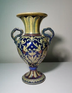 VINTAGE HAND PAINTED IRIDESCENT CERAMIC LARGE VASE DOUBLE HANDLED VASE 10" ITALY - Picture 1 of 12