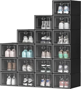 18 Shoe Storage Boxes Plastic Stackable Organizer Foldable Sneaker Containers - Picture 1 of 11