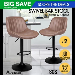 ALFORDSON 2x Bar Stools Gas Lift Leather Bar Chairs Kitchen Swivel Wendy BROWN - Picture 1 of 11