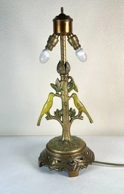 Antique Art Deco Metal Painted Cast Iron Table Lamp with Two Birds on Tree - Image 1 of 4