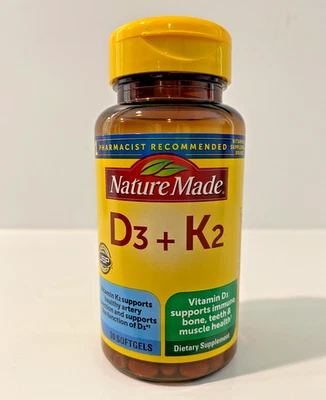Vitamina D3 + K2 Nature Made, suplemento dietético, GF, 30 cápsulas blandas, verificado por USP Foto 1 de 4