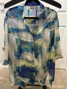 CHICO'S Tunic Blue Teal Sheer Blouse Button Down Abstract Artsy 12 Size 3 - Picture 1 of 5