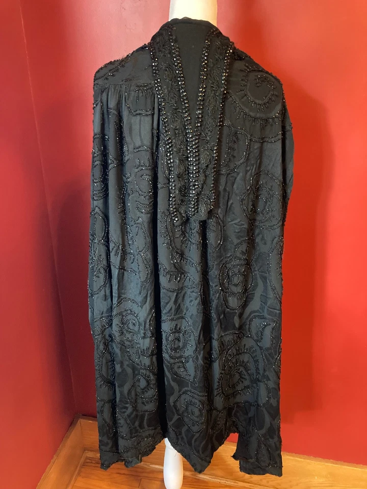 Edwardian Flapper Antique Black Hand Beaded Opera Cape Art Nouveau Evening Wrap - Image 1 of 4