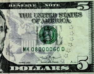2013 $5 Fancy Serial Number MK08000060D – Low Serial - Six Of A Kind 0's - Picture 1 of 3