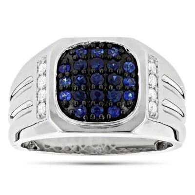3Ct Round Cut Blue Sapphire Simulated Diamond Men Ring 14K White Gold Plated - Image 1 of 4