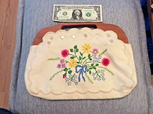 Vintage große jamaikanische Boho Leinen Blumen Handtasche - Holzgriff & Haken - top - Bild 1 von 10