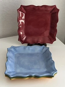 Set of 4 RUE de PARIS Red Yellow Blue Green Scalloped Square Ceramic Plates - Picture 1 of 7