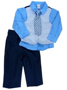 George Infant Toddler Boys 4 Piece Blue Dress Outfit Shirt Vest Tie Slacks - Picture 1 of 1