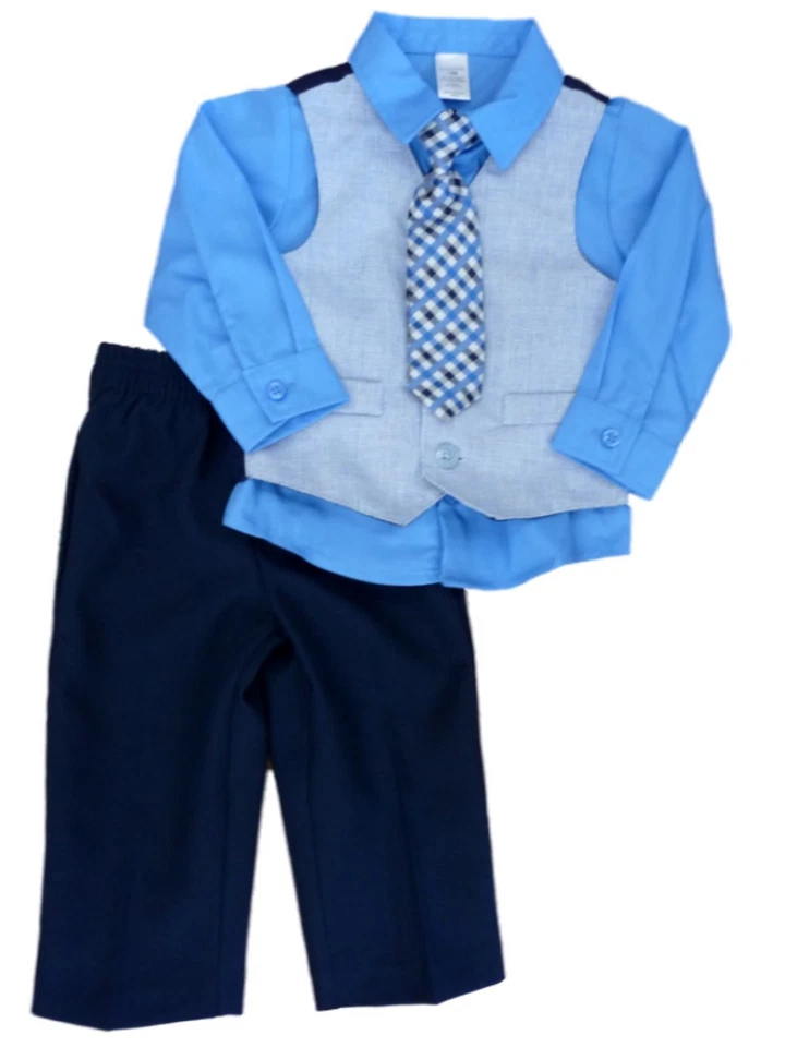 George Infant Toddler Boys 4 Piece Blue Dress Outfit Shirt Vest Tie Slacks - Image 1 of 1