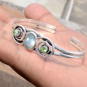 Labradorite & Peridot Cut Gemstone Cuff 925 Sterling Silver Handmade Bracelet - Picture 1 of 5
