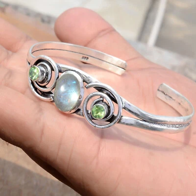 Labradorite & Peridot Cut Gemstone Cuff 925 Sterling Silver Handmade Bracelet - Image 1 of 4
