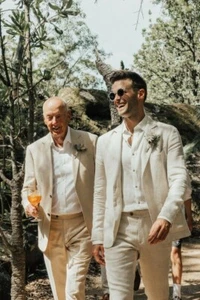 Traje de lino para hombre beige playa informal fiesta graduación novio esmoquin traje de boda - Imagen 1 de 9