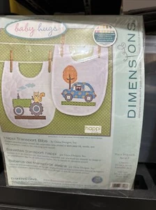 Dimensions Baby Hugs Bibs Kit Happi Transport Polycotton Stamped Cross Stitch - Picture 1 of 2