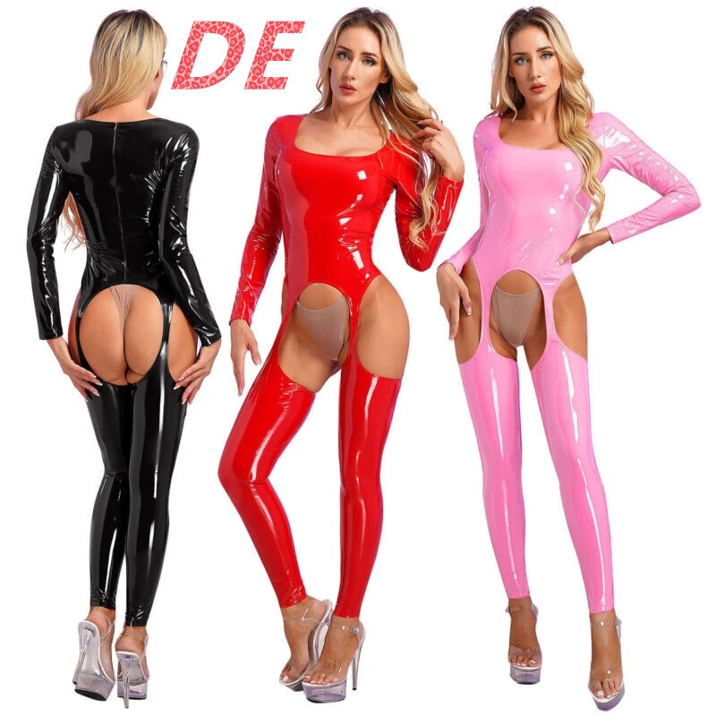DE Damen Lackleder Overall Ganzkörperanzug Wetlook Strümpfe Jumpsuit Clubwear - Bild 1 von 4