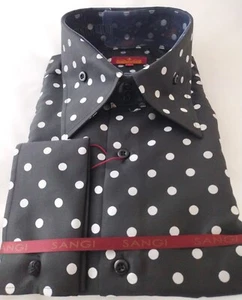 Mens Black White Polka Dot High Collar French Cuff Shirt SANGI MONACO COLL. 2096 - Picture 1 of 1