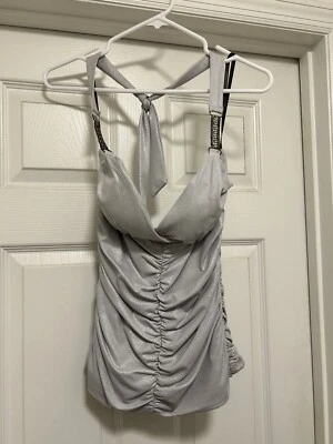 Vintage Juniors Y2k Rampage Spar Silver Stretch Rhinestone Tank Halter Top Sz L - Image 1 of 2
