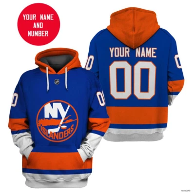 Custom Name Number NEW YORK ISLANDERS Hoodie Orange - Navy Pullover Hooded Gift - Image 1 of 4