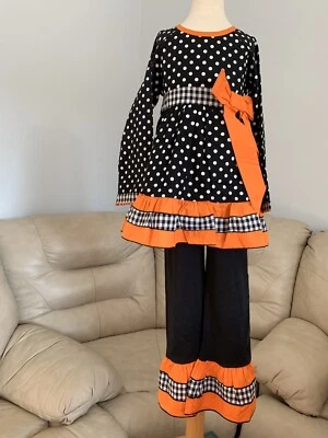AnnLoren Girls Boutique Orange Black polka dots Shirt and Pants Clothing Set - Image 1 of 4