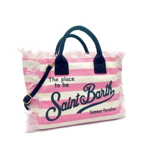 Borsa estiva saint barth tracolla rosa a righe orrizontali nappe fatta a mano - Foto 1 di 6