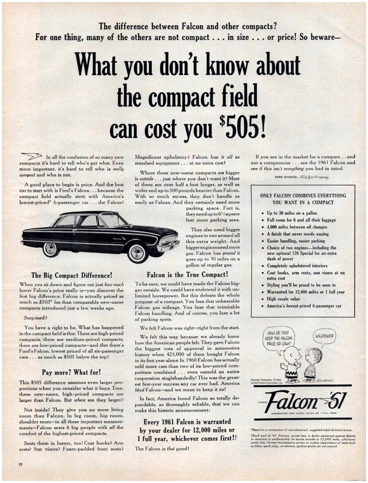 Печатная реклама Ford Falcon 1961 Peanuts Charlie Brown полностраничный журнал 10,5 дюйма x 13,5 дюйма - Изображение 1 из 1