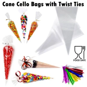 Clear Cellophane Cello Cone Sweet Bags Candy Kid Party Favour Gift Treats Twists - Picture 1 of 33