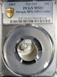 1965 ERROR PCGS MS63 Off Center Roosevelt Dime NICE CH BU O/C Coin NR - Picture 1 of 6