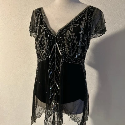 Top de noche vintage Scala, lentejuelas negras, con cuentas.Suze L, adornado transparente  Foto 1 de 4